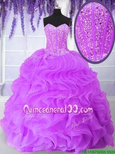 Discount Lilac Ball Gowns Sweetheart Sleeveless Organza Floor Length Lace Up Beading and Ruffles Sweet 16 Dresses