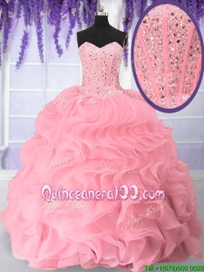 Beautiful Pink Sleeveless Floor Length Beading and Ruffles Lace Up Ball Gown Prom Dress