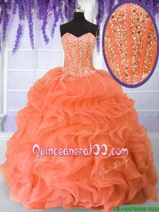 Custom Made Orange Organza Lace Up 15 Quinceanera Dress Sleeveless Floor Length Beading and Ruffles