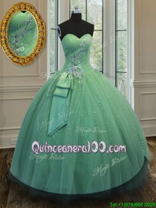 Super Floor Length Green Ball Gown Prom Dress Tulle and Sequined Sleeveless Spring and Summer and Fall and Winter Beading and Ruching and Bowknot