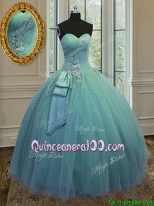 Glamorous Floor Length Lace Up Vestidos de Quinceanera Light Blue and In forMilitary Ball and Sweet 16 and Quinceanera withBeading and Ruching and Bowknot
