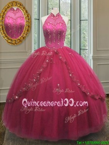Stylish Hot Pink Lace Up Halter Top Beading and Appliques Quinceanera Gowns Tulle Sleeveless