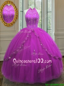 Fantastic Sleeveless Floor Length Beading and Appliques Lace Up Vestidos de Quinceanera with Fuchsia