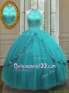 High End Floor Length Ball Gowns Sleeveless Aqua Blue Quinceanera Dresses Lace Up