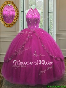 Excellent Fuchsia Lace Up High-neck Beading and Appliques Ball Gown Prom Dress Tulle Sleeveless