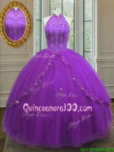 Fancy Purple Lace Up Ball Gown Prom Dress Beading and Appliques Sleeveless Floor Length