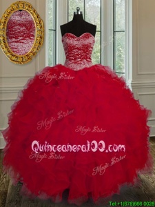 Red Tulle Lace Up Sweetheart Sleeveless Floor Length Vestidos de Quinceanera Beading and Ruffles