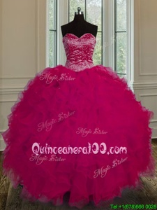 Artistic Fuchsia Ball Gowns Tulle Sweetheart Sleeveless Beading and Ruffles Floor Length Lace Up Quinceanera Dresses