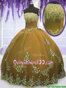 Sumptuous Olive Green Ball Gowns Tulle Strapless Sleeveless Appliques Floor Length Zipper 15th Birthday Dress