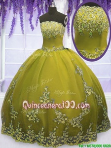Lovely Sleeveless Floor Length Appliques Zipper Quinceanera Dresses with Olive Green