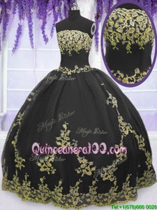 Free and Easy Sleeveless Floor Length Appliques Zipper 15 Quinceanera Dress with Black