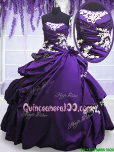 Custom Made Purple Taffeta Lace Up Sweet 16 Quinceanera Dress Sleeveless Floor Length Appliques and Pick Ups