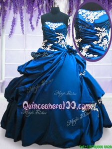 Elegant Royal Blue Taffeta Lace Up Quinceanera Gowns Sleeveless Floor Length Appliques and Pick Ups