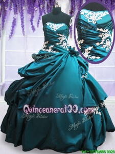 Eye-catching Teal Ball Gowns Strapless Sleeveless Taffeta Floor Length Lace Up Appliques and Pick Ups Quinceanera Dress