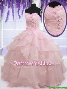 Best Selling Ruffled Baby Pink Sleeveless Organza Lace Up 15 Quinceanera Dress forMilitary Ball and Sweet 16 and Quinceanera