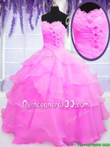 New Style Organza Sweetheart Sleeveless Lace Up Beading and Ruffled Layers 15th Birthday Dress inHot Pink