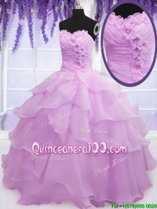 Sweetheart Sleeveless 15 Quinceanera Dress Floor Length Beading and Ruffled Layers and Hand Made Flower Lilac Organza