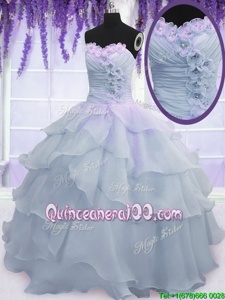 Inexpensive Sleeveless Floor Length Ruffled Layers and Ruching and Hand Made Flower Lace Up Quinceanera Gown with Light Blue