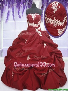 Exceptional Wine Red Ball Gowns Strapless Sleeveless Taffeta Floor Length Lace Up Appliques and Pick Ups Sweet 16 Quinceanera Dress