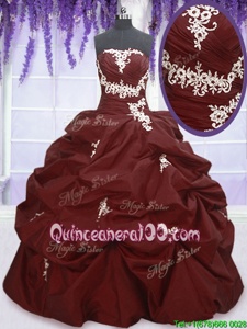 Charming Strapless Sleeveless Taffeta Quinceanera Gowns Appliques and Pick Ups Lace Up