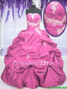 Trendy Rose Pink Taffeta Lace Up Sweet 16 Quinceanera Dress Sleeveless Floor Length Appliques and Pick Ups