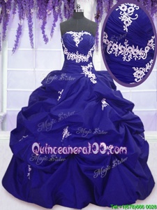 Vintage Royal Blue Ball Gowns Appliques and Pick Ups Quinceanera Gowns Lace Up Taffeta Sleeveless Floor Length