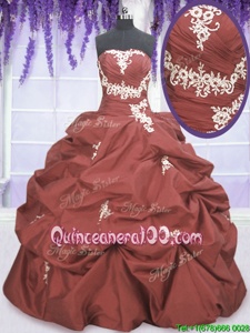 Popular Rust Red Taffeta Lace Up Strapless Sleeveless Floor Length Sweet 16 Dress Appliques and Pick Ups