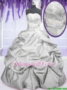 Shining Silver Strapless Neckline Embroidery and Pick Ups 15th Birthday Dress Sleeveless Lace Up
