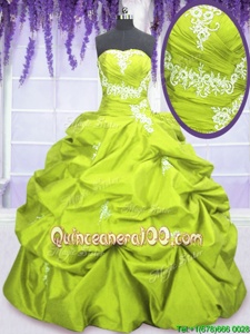 Glittering Yellow Green Ball Gowns Taffeta Strapless Sleeveless Appliques and Pick Ups Floor Length Lace Up Quinceanera Gowns