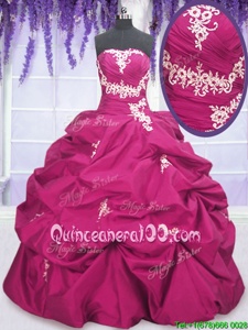 Free and Easy Sleeveless Floor Length Appliques and Ruching and Pick Ups Lace Up Sweet 16 Dress with Fuchsia