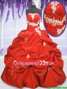 Pretty Taffeta Strapless Sleeveless Lace Up Appliques and Ruching and Pick Ups Vestidos de Quinceanera inCoral Red