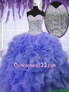 Classical Sleeveless Organza Floor Length Lace Up Quinceanera Gown inPurple forSpring and Summer and Fall and Winter withRuffles and Sequins