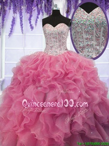 Wonderful Rose Pink Ball Gowns Organza Sweetheart Sleeveless Ruffles and Sequins Floor Length Lace Up Ball Gown Prom Dress