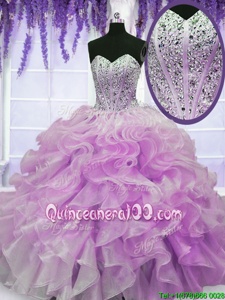 Top Selling Floor Length Lilac Quinceanera Gowns Organza Sleeveless Spring and Summer and Fall and Winter Beading and Ruffles