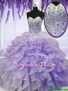 Excellent Beading and Ruffles Quinceanera Dress Lavender Lace Up Sleeveless Floor Length