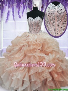Pretty Ball Gowns Sweet 16 Quinceanera Dress Peach Sweetheart Organza Sleeveless Floor Length Lace Up