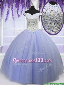Exceptional Off the Shoulder Beading 15 Quinceanera Dress Lavender Lace Up Short Sleeves Floor Length