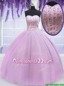 Dynamic Lilac Lace Up Quince Ball Gowns Beading Sleeveless Floor Length