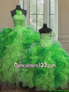 Pretty Strapless Sleeveless Quinceanera Dress Floor Length Beading and Ruffles Green Organza