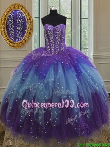 Custom Designed Multi-color Lace Up Sweetheart Beading and Ruffles and Sequins Quince Ball Gowns Tulle Sleeveless