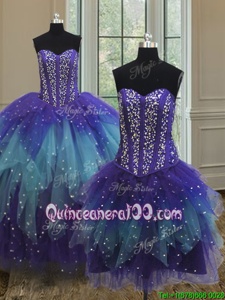 Modest Three Piece Sequins Multi-color Sleeveless Tulle Lace Up Sweet 16 Dress forMilitary Ball and Sweet 16 and Quinceanera
