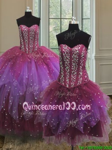 Captivating Three Piece Sleeveless Floor Length Beading and Ruffles and Sequins Lace Up Sweet 16 Dresses with Multi-color