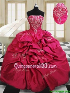 Luxury Strapless Sleeveless Quinceanera Gown Floor Length Beading and Embroidery and Pick Ups Hot Pink Taffeta