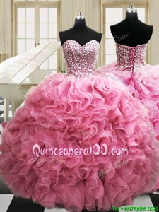 Unique Floor Length Rose Pink Ball Gown Prom Dress Organza Sleeveless Spring and Summer and Fall and Winter Beading and Ruffles
