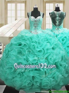 Perfect Apple Green Ball Gowns Straps Sleeveless Organza Floor Length Lace Up Beading and Ruffles 15 Quinceanera Dress