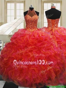 Flare Halter Top Sleeveless Organza Quinceanera Gown Beading and Ruffles Lace Up