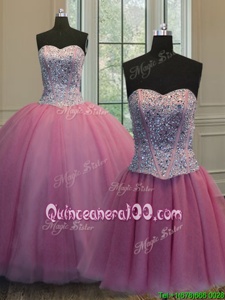 Three Piece Sweetheart Sleeveless Quinceanera Gown Floor Length Beading Rose Pink Organza