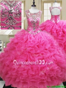 Sumptuous Ball Gowns Sweet 16 Quinceanera Dress Hot Pink Scoop Organza Sleeveless Floor Length Lace Up