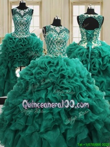 Modest Four Piece Scoop Dark Green Organza Lace Up Sweet 16 Quinceanera Dress Sleeveless Floor Length Beading and Ruffles