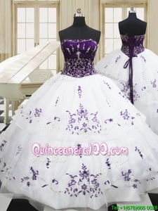 Hot Selling White Strapless Neckline Beading and Embroidery 15th Birthday Dress Sleeveless Lace Up